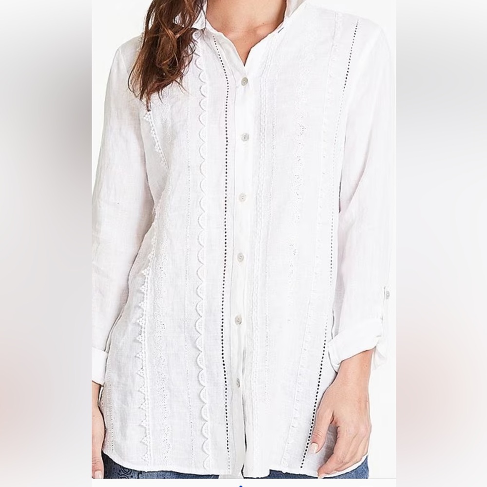 John Mark  white linen woven embroidered long slv